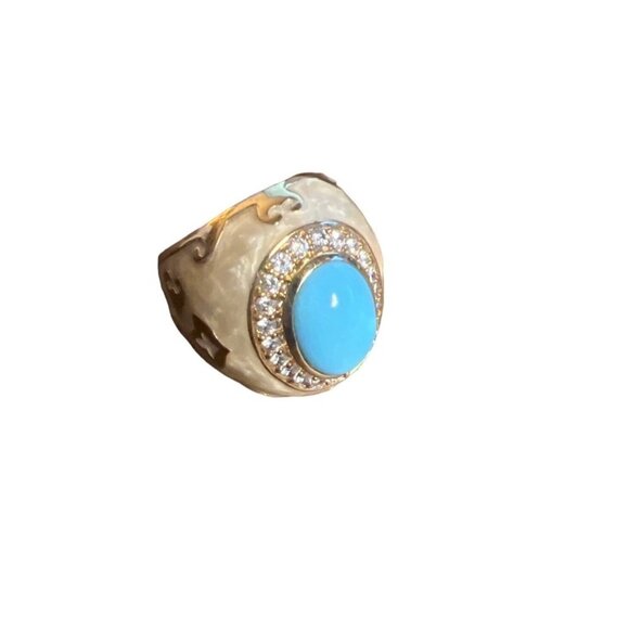 Lauren G. Adams Cocktail Ring Sz 8.25 Faux Turquoise Enamel Rhinestones Marked V - Picture 4 of 12